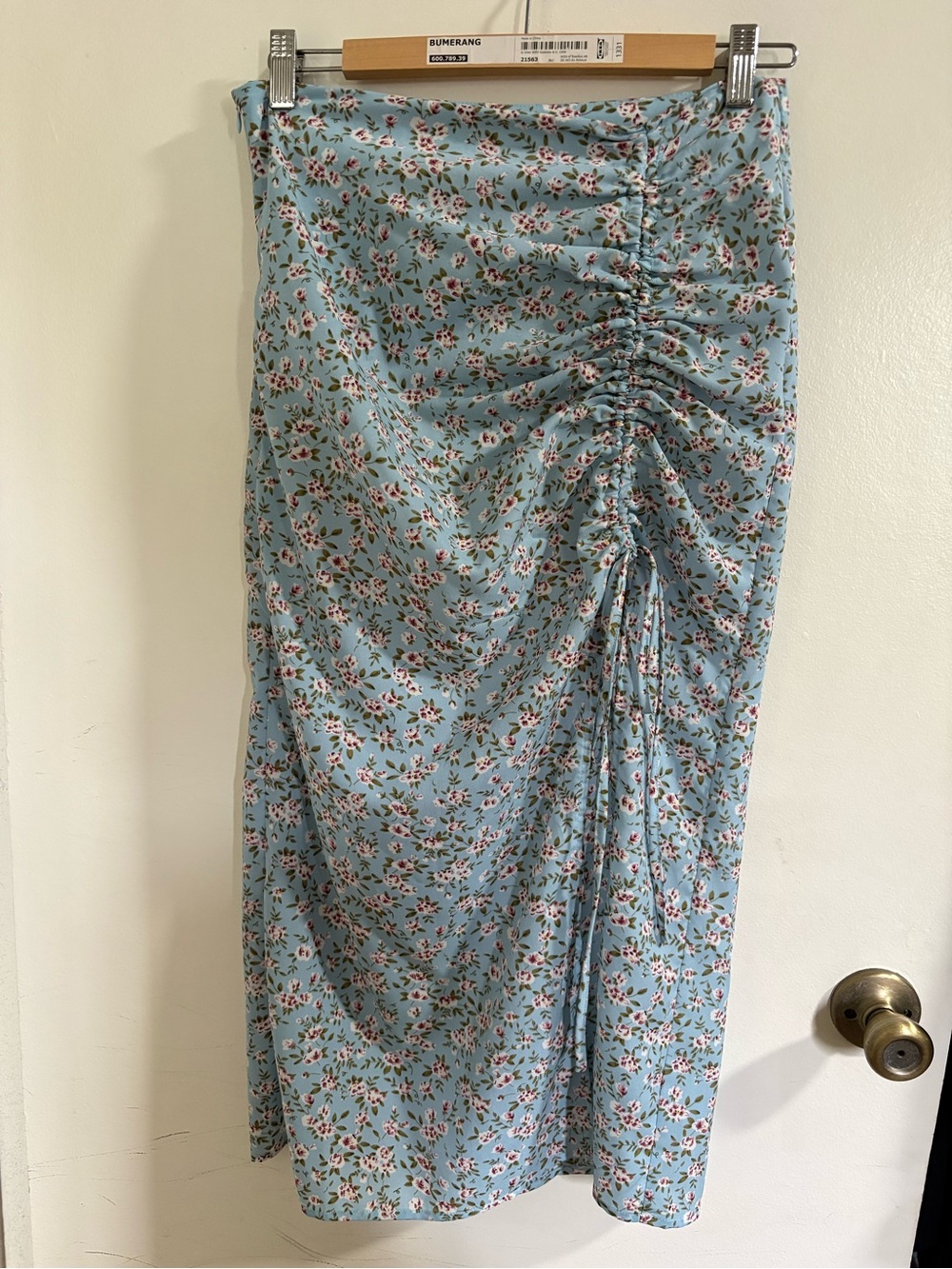 SHEIN Sky Blue Floral Asymmetrical Ruched Midi Skirt